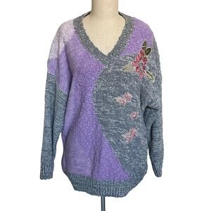 Vintage Sheridan Square Gray Purple Applique Flowers V Neck Sweater